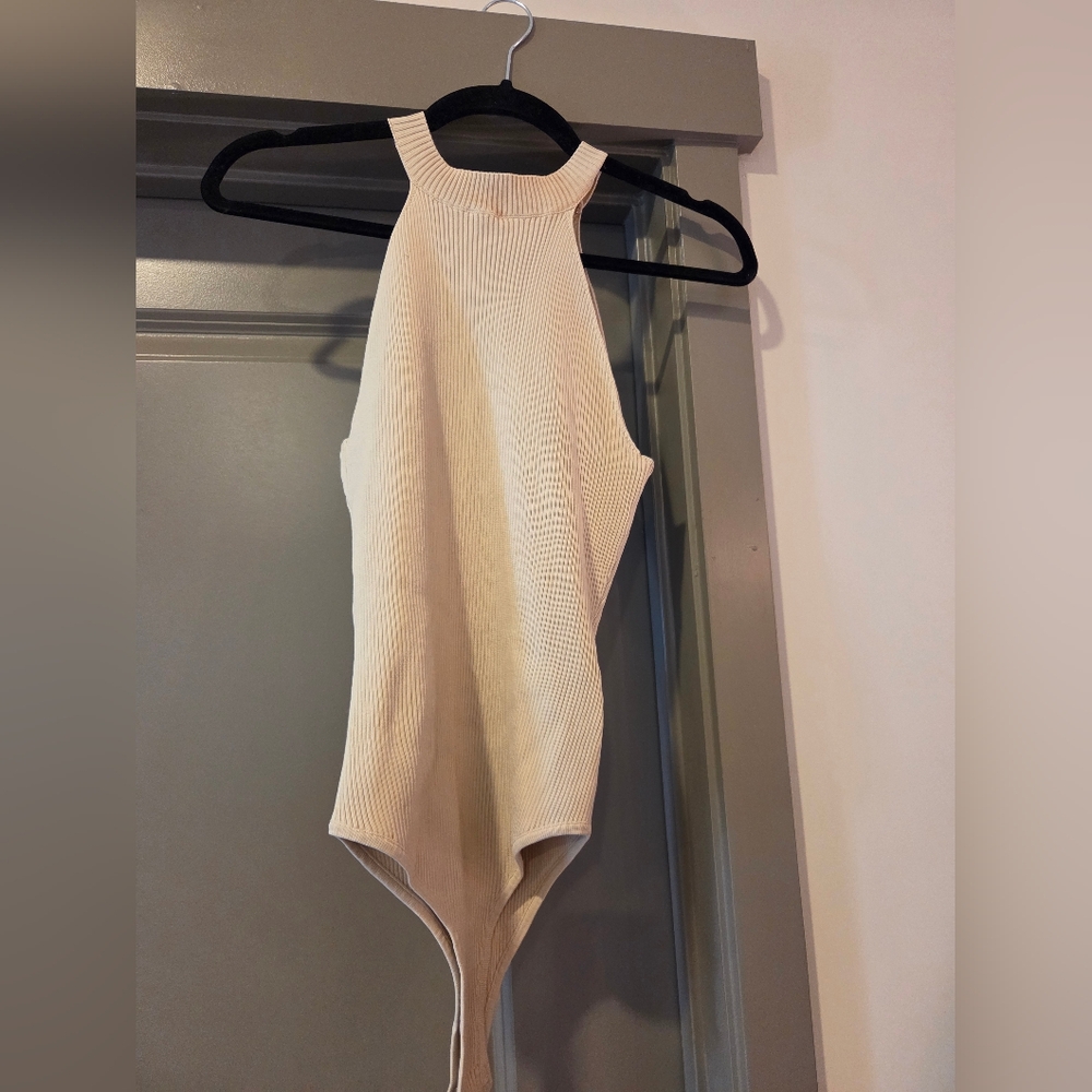 Cream Ribbed Halter Bodysuit
